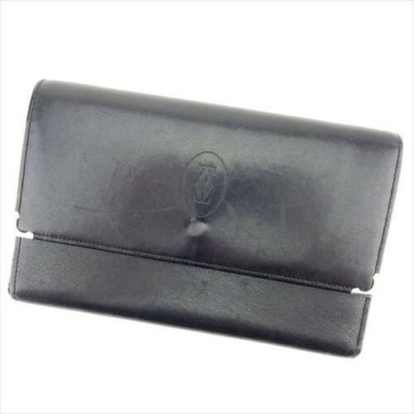 Cartier Wallet Purse Trifold Mastline Black leather Woman Authentic Used T8978 - Picture 1 of 8